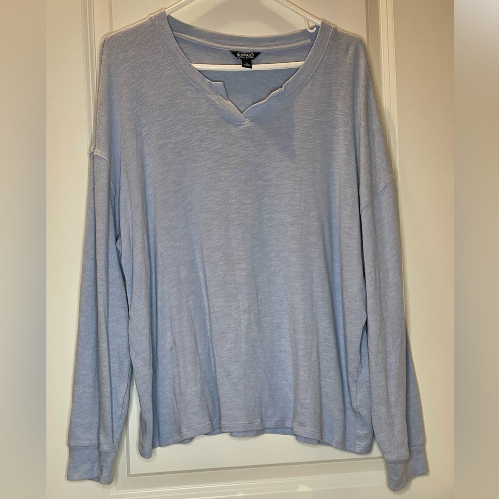 Buffalo David Bitton Light Blue Long Sleeve V Neck Top Stretch Size XL